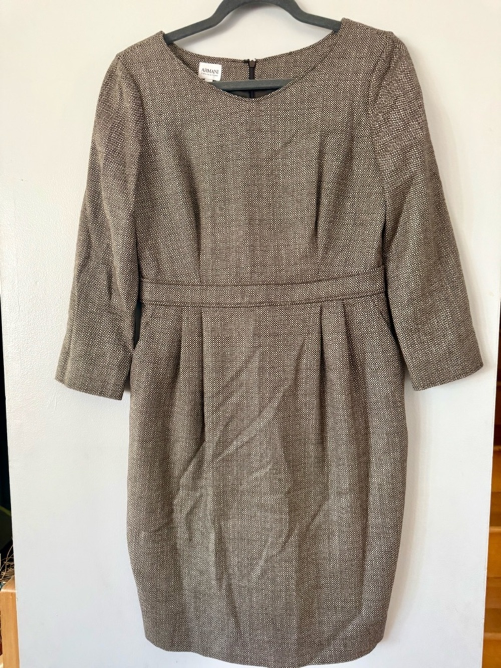 Armani Collezioni Brown Tweed 100% Virgin Wool Sheath Dress - Size 8